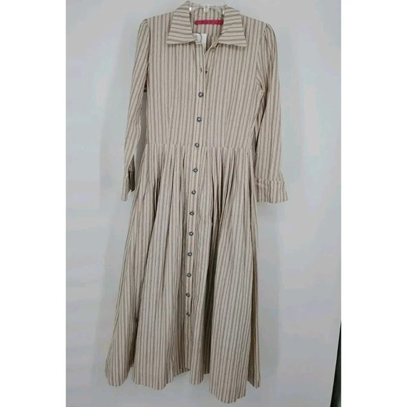 BURU Pink Label Long Sleeve Shirtdress Ivory Ticking Stripe Maxi Dress Med $330 - Picture 2 of 10